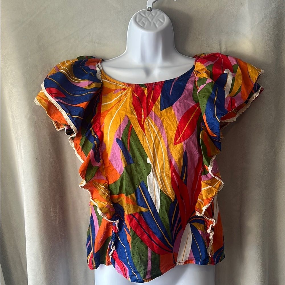Marc New York Ruffled Short Sleeve Colorful Tropical Top Size Small